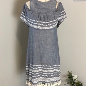 Miami Chambray Off Shoulder Tassel Dress Small